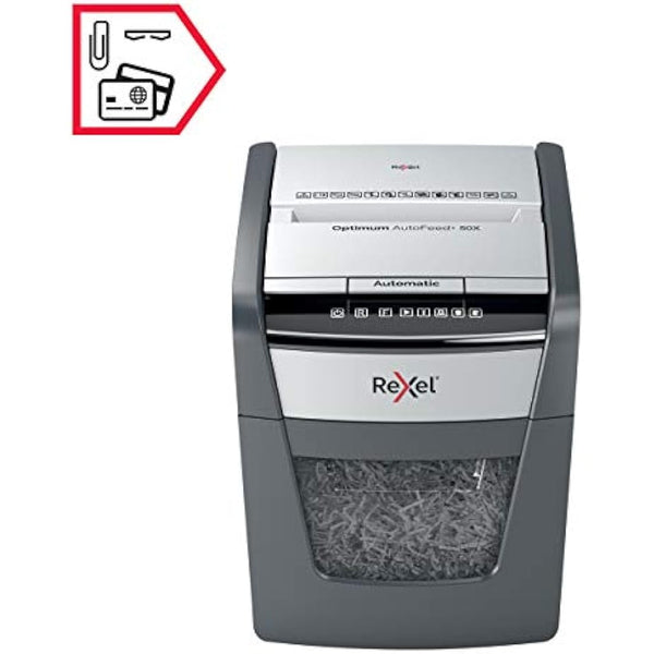 Rexel Optimum Auto Feed+ 50 Sheet Automatic Cross Cut Paper Shredder, P-4 Security, Home/Home Office, 20 Litre Removable Bin, 2020050X, Black