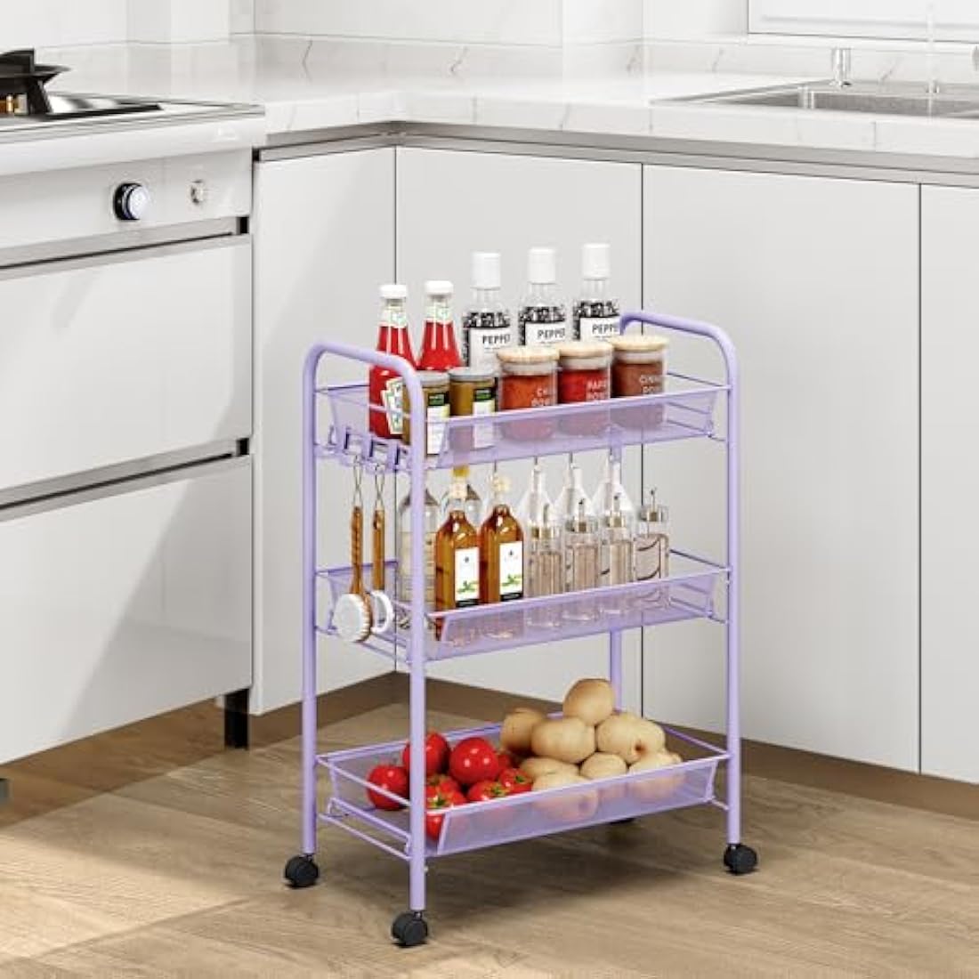 APEXCHASER 3-Tier Rolling Cart,Easy Assemble Mobile Storage Trolley On Wheels,Slide Out Utility Cart Shelving Units Kitchen Bathroom Laundry Room