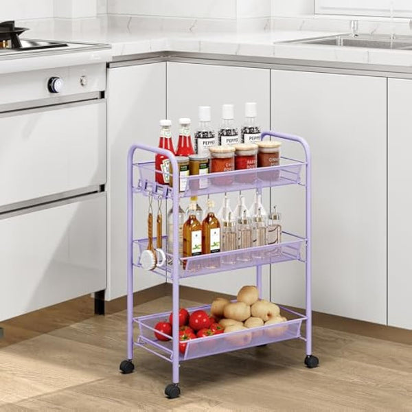 APEXCHASER 3-Tier Rolling Cart,Easy Assemble Mobile Storage Trolley On Wheels,Slide Out Utility Cart Shelving Units Kitchen Bathroom Laundry Room