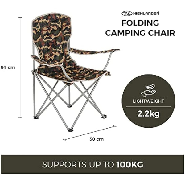 Highlander Camping Chair - Compact & Lightweight Folding Chair, 2.2kg, Portable Chair for Outdoors, Durable Steel Frame Arm Chair with Cup Holder