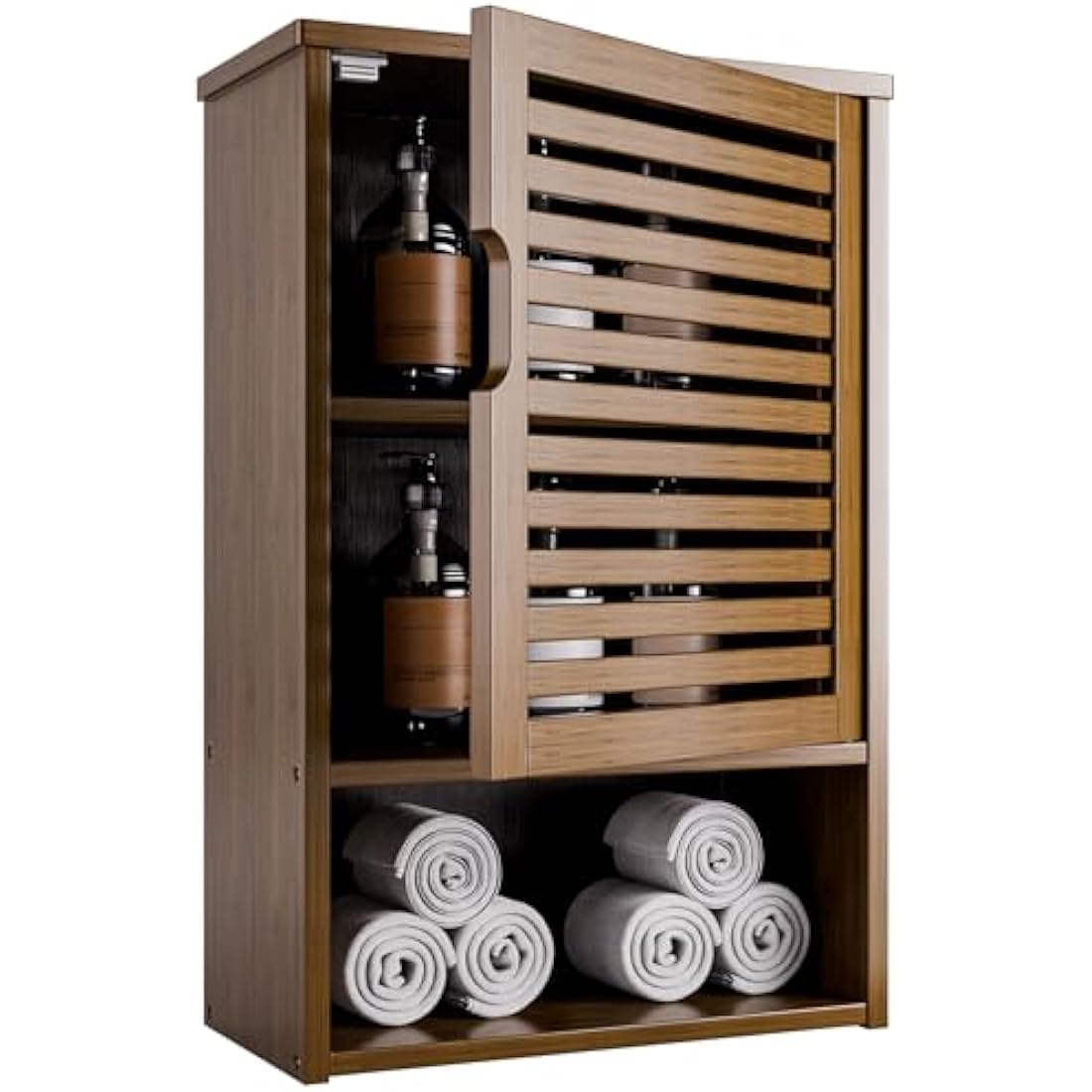 HITNET Medicine Cabinet, Wall Hanging Cabinet with Adjustable Shelf, Bathroom Storage Organizer Over the Toilet with Single Door and Open Bottom Shelf, Walnut