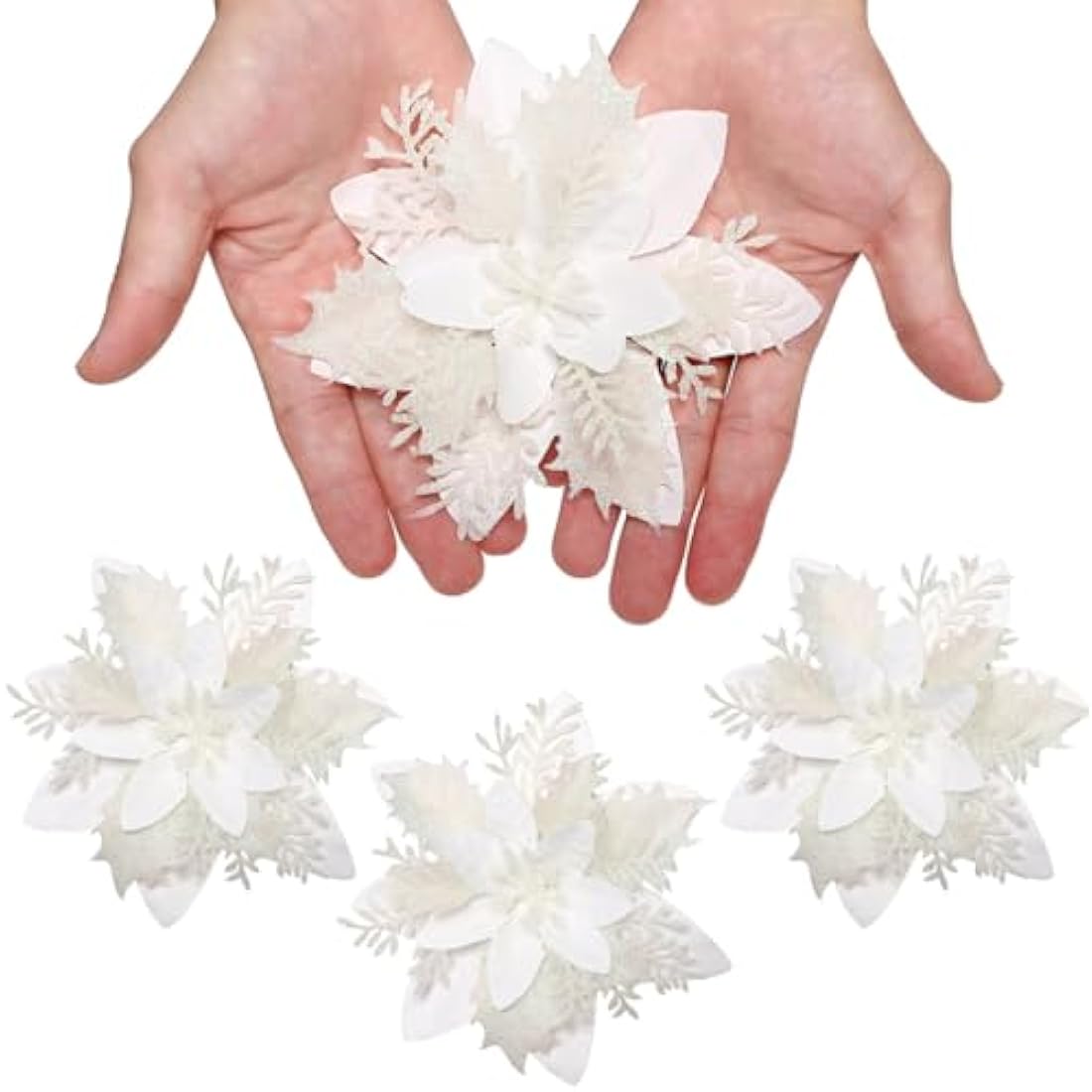 12Pcs Poinsettia Artificial Flowers, Christmas Glitter White Flowers Ornaments for Christmas Tree, with Stems and Clips, Xmas Floral Party Decor Wreath, Garland Craft Supplies, White