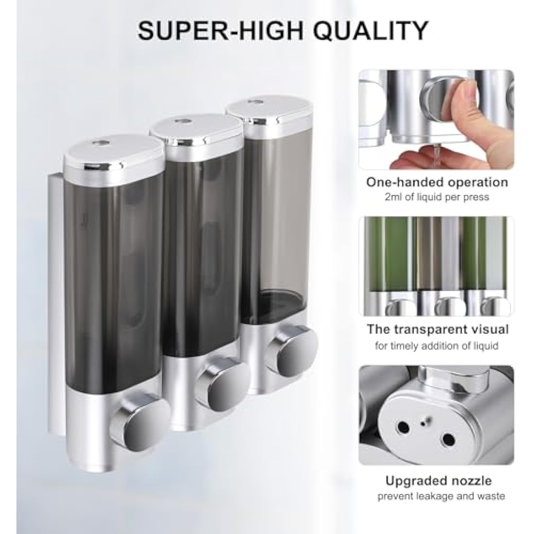 Soap Dispenser Wall Mounting, Shampoo Shower Gel Dispenser, Set of 3 Soap Dispensers, No Drilling, Even Liquid Release, Leak-Proof, Suitable for Shampoo, Shower Gel, Liquid Soap, Conditioner (Silver)
