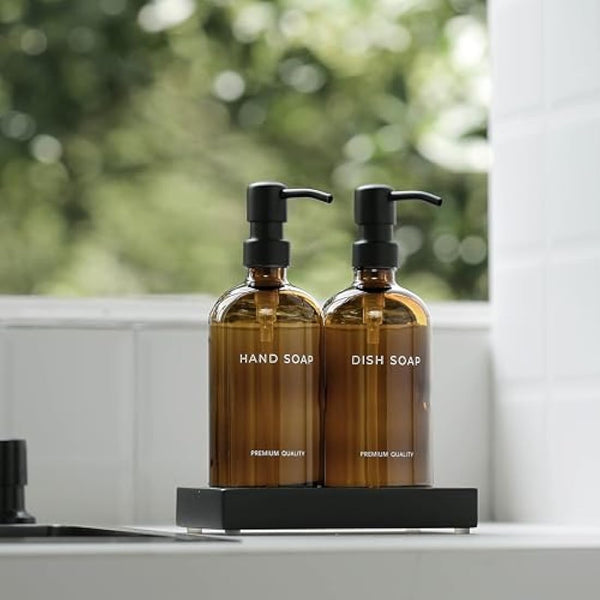 Amber Kitchen Soap Dispenser Set with Tray - Hand and Dish Soap Dispenser for Kitchen,Modern Kitchen Decor & Accessories. (Amber)