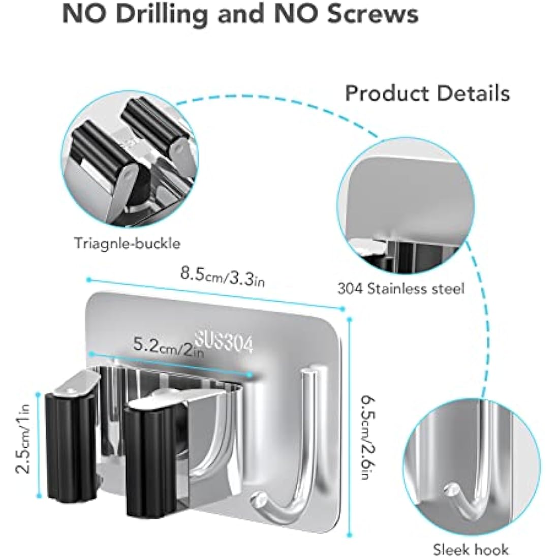 homeasy Mop Broom Holder, 4 Pcs Stainless Steel Self Adhesive Mop Holder Wall Mounted with Hooks Hanger Self-Adhesive Broom Holder (Siver Mix)