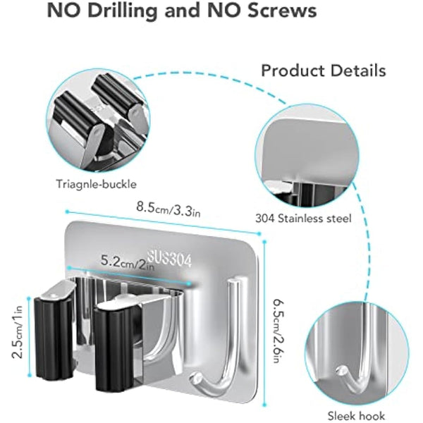 homeasy Mop Broom Holder, 4 Pcs Stainless Steel Self Adhesive Mop Holder Wall Mounted with Hooks Hanger Self-Adhesive Broom Holder (Siver Mix)