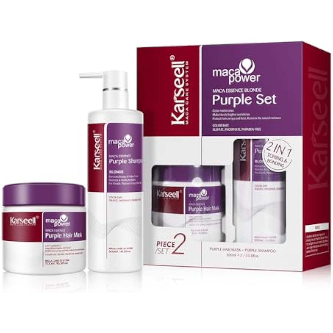 Karseell Purple Hair Mask and Purple Shampoo Set, Neutralizes Brass & Yellow Tones for Blonde, Gray, Silver Hair, 2 x 500ml