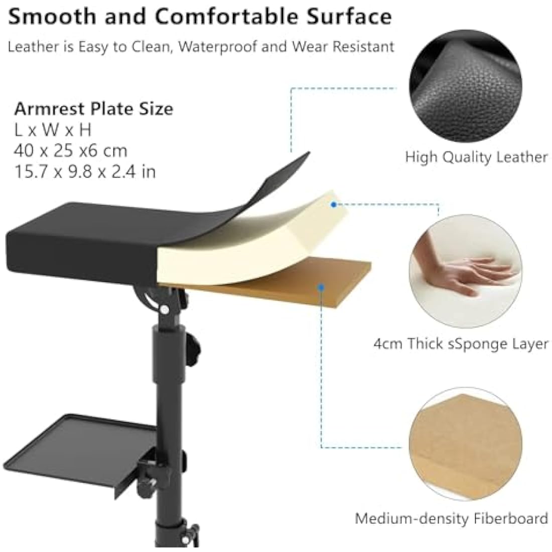 ANDNICE Tattoo Armrest Stand Legrest Bracket H-base Adjustable Height Tilt Black Leather Pad with Tattoo Supplies Storage Board Professional Heavy Duty Iron Equipmen for Tattoo Studio