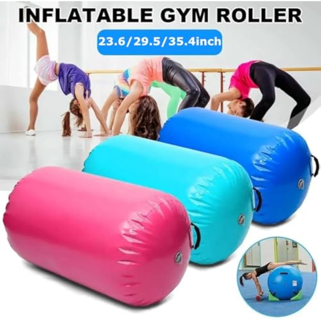 Air Roller Gymnastics Barrel Tumbling Mat Inflatable 60/75/90 CM Air Spot Tumble Track Mat Backbend Trainer with Electric Air Pump for Training/Yoga/Backflip/Home Use