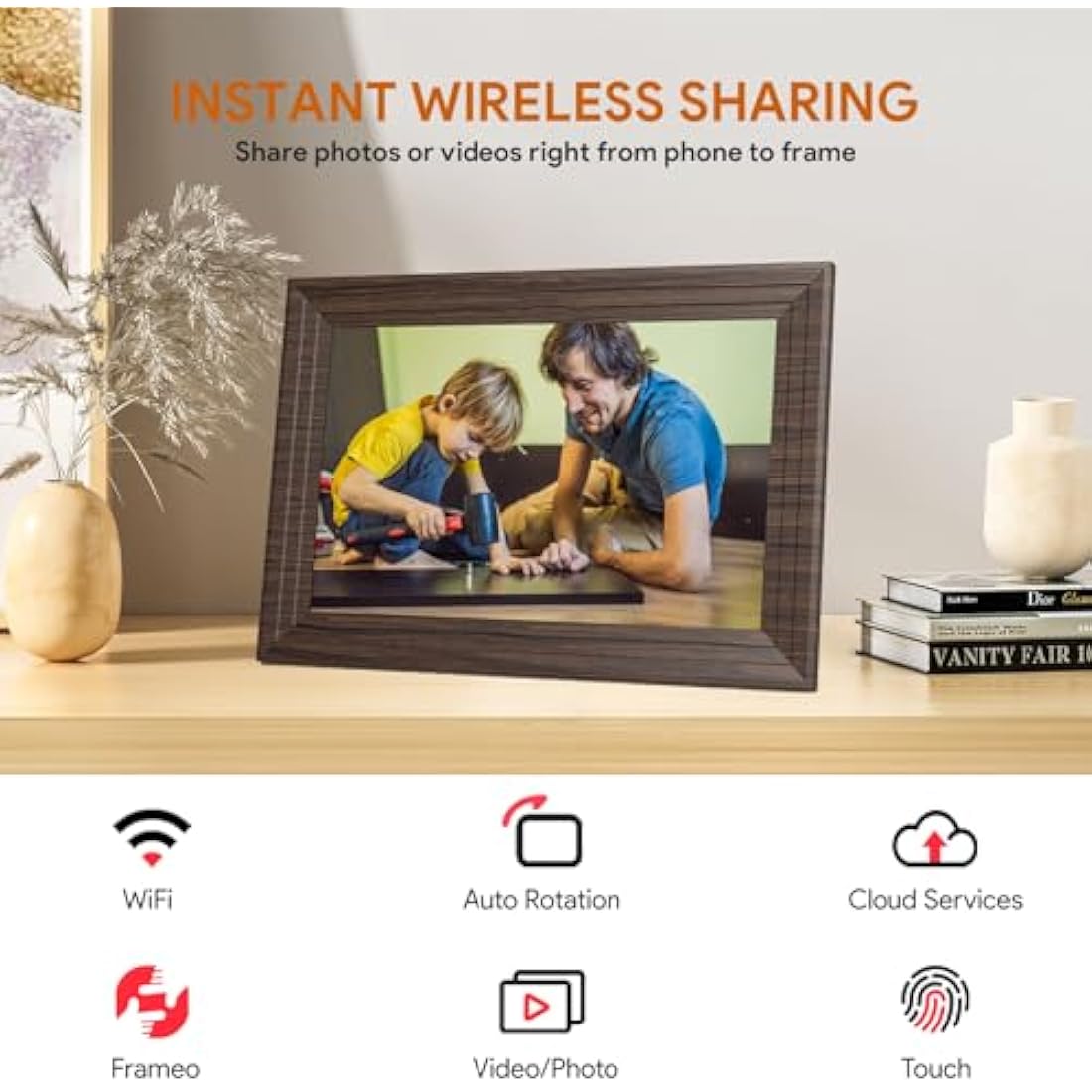 Aorpdd 10.1 Inch WiFi Cloud Digital Photo Frame, 1280 * 800 Resolution 16:10 HD IPS Touch Screen Display, 32GB Storage Space, Share Your Photos and Videos via Free Frameo at Anytime and Anywhere