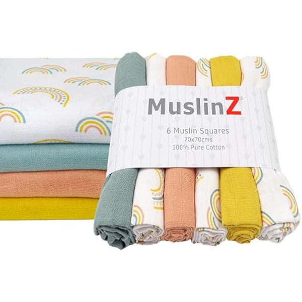 MuslinZ Muslin Squares - Muslin Cloths for Baby - Baby Burp Cloths - 6 Pack Muslins - Large 70x70cm - Boy, Girl, Unisex - Cotton - Absorbent & Breathable - Multi Use Newborn Cloths (Scandi Rainbow)
