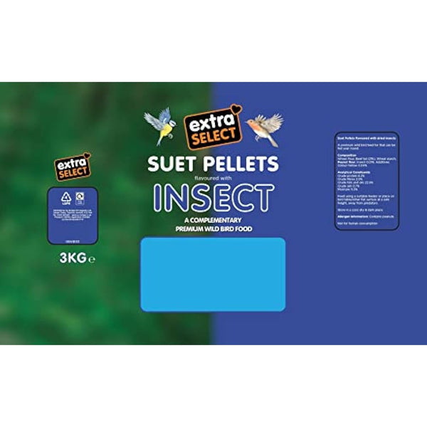 Extra Select Insect High Energy Suet Pellets Wild Bird Food - Protein, Fat Rich Year-Round Feeding - 3 kg Refill