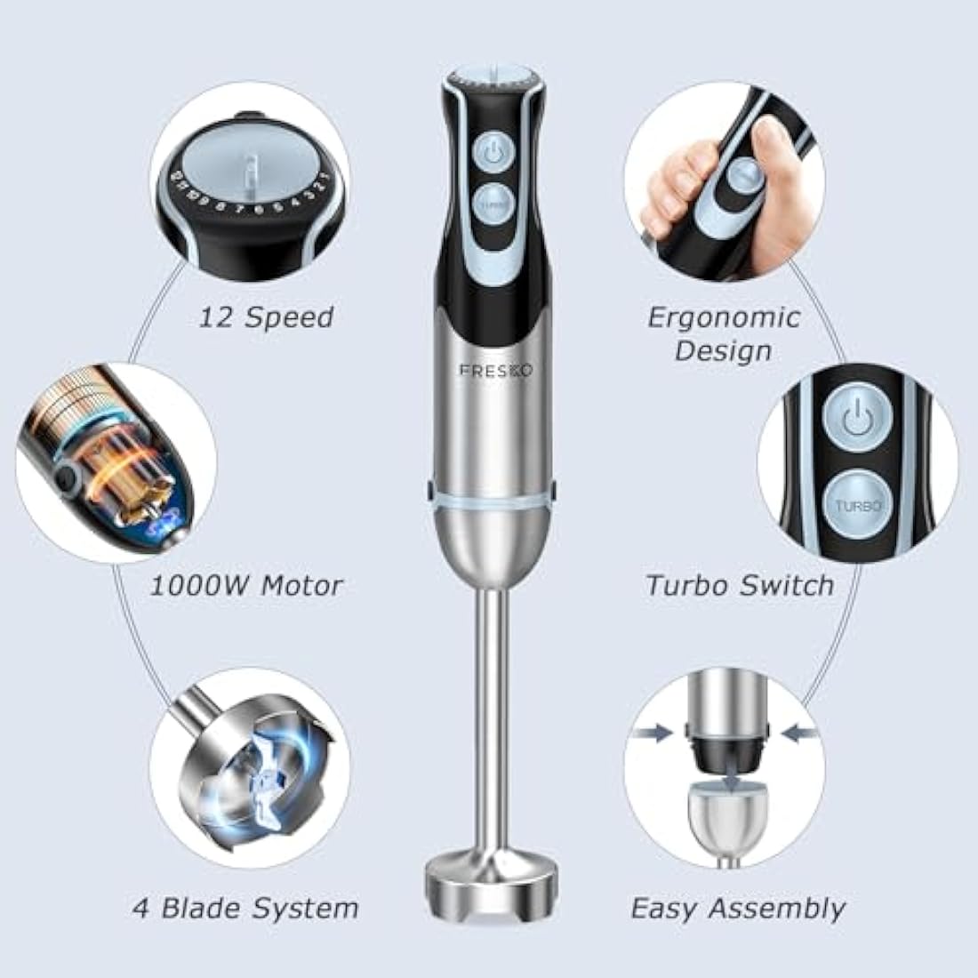 FRESKO Hand Blender 4-in-1, 1000W Electric Stick Blender Stainless Steel with 12-Speeds & Turbo Mode, Baby Food Immersion Blender Handheld with Whisk，700ml Measuring Cup & 500ml Chopper