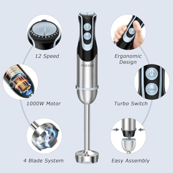 FRESKO Hand Blender 4-in-1, 1000W Electric Stick Blender Stainless Steel with 12-Speeds & Turbo Mode, Baby Food Immersion Blender Handheld with Whisk，700ml Measuring Cup & 500ml Chopper