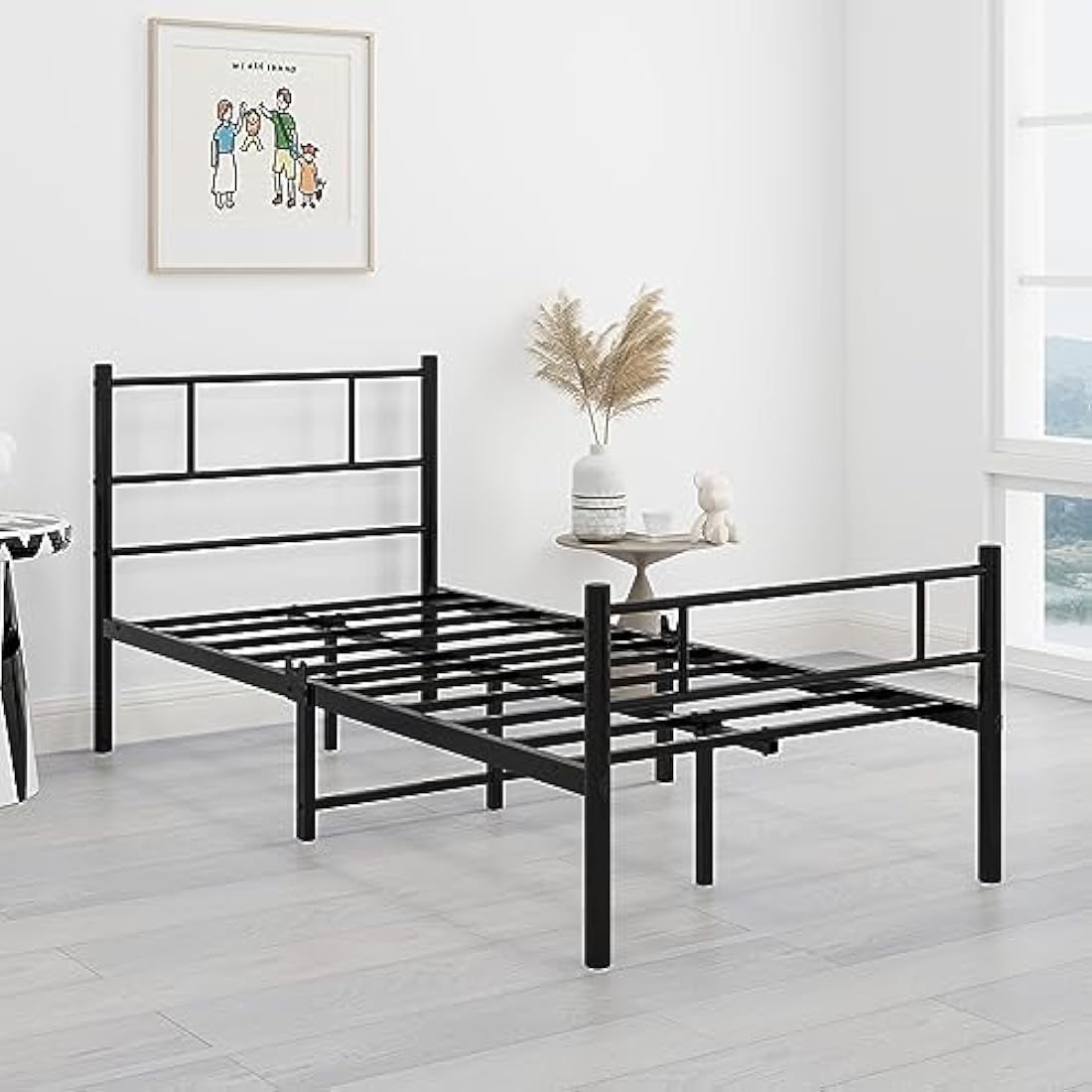 HOMERECOMMEND Single Metal Bed Frame 3ft Bed Frame with Headboard No Box Spring Needed,Under Bed Storage,Steel Slat Support,Easy Assembly,Black