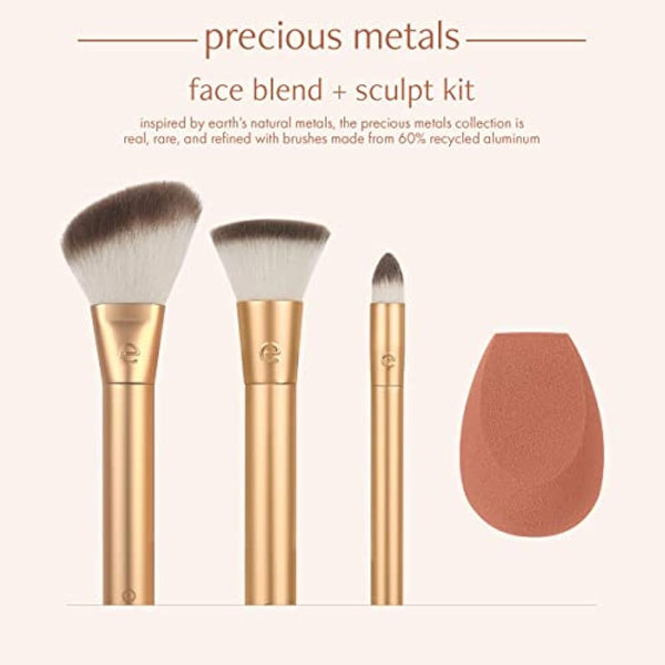 EcoTools Precious Metals Face Blend & Sculpt Set, Makeup Brush Kit, Foundation Brush, Eco-Friendly & Vegan Makeup Brush Kit, Recycled Aluminum, 4 Piece Set