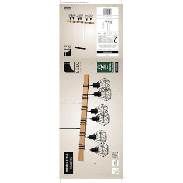 Eglo Pendant lighting Townshend 5, 6 light vintage hanging lamp in industrial design, retro ceiling light made of black metal and natural wood, FSC certified, E27