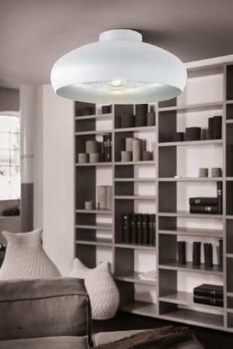 Eglo Mogano Vintage Flush Ceiling Light, Industrial Design White and Silver Steel Ceiling Lamp, Living Room, Kitchen, Hallway Lighting, E27 Socket
