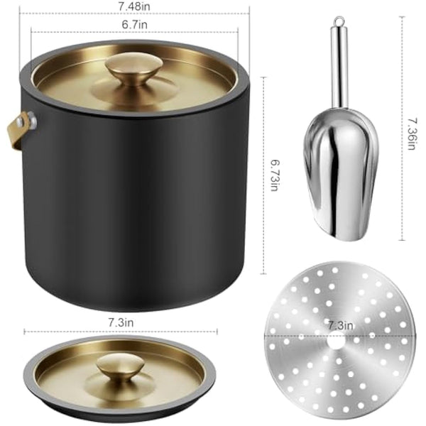 3.2L Modern Insulated Ice Bucket with Silicone Lid, Scoop, Strainer, Double Wall Stainless Steel Ice Bucket for Parties & Cocktail Bar,Ideal for Gift(Black)