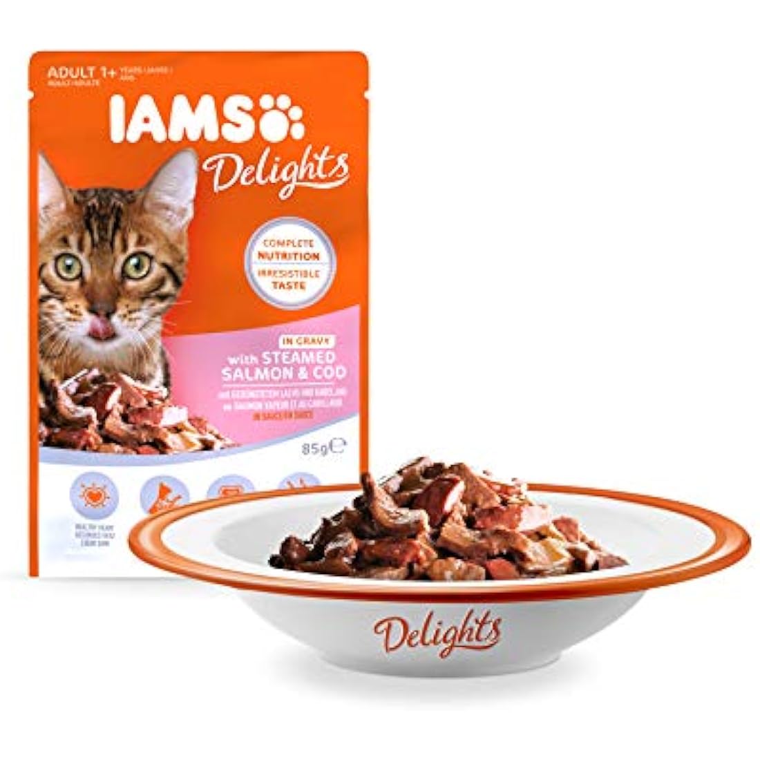 IAMS Delights Complete Wet Cat Food for Adult 1+ Cats Meat and Fish Variety in Gravy Multipack 24 x 85 g Pouches