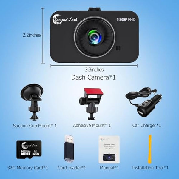 1080P Full HD DashCam for Cars, Diamond Lark Dash Cam Front with 32G SD Card, 3”LCD Screen, 170°Wide Angle, Dash Camera with Loop Recording, HDR, Night Vision, G-sensor, Parking Monitor