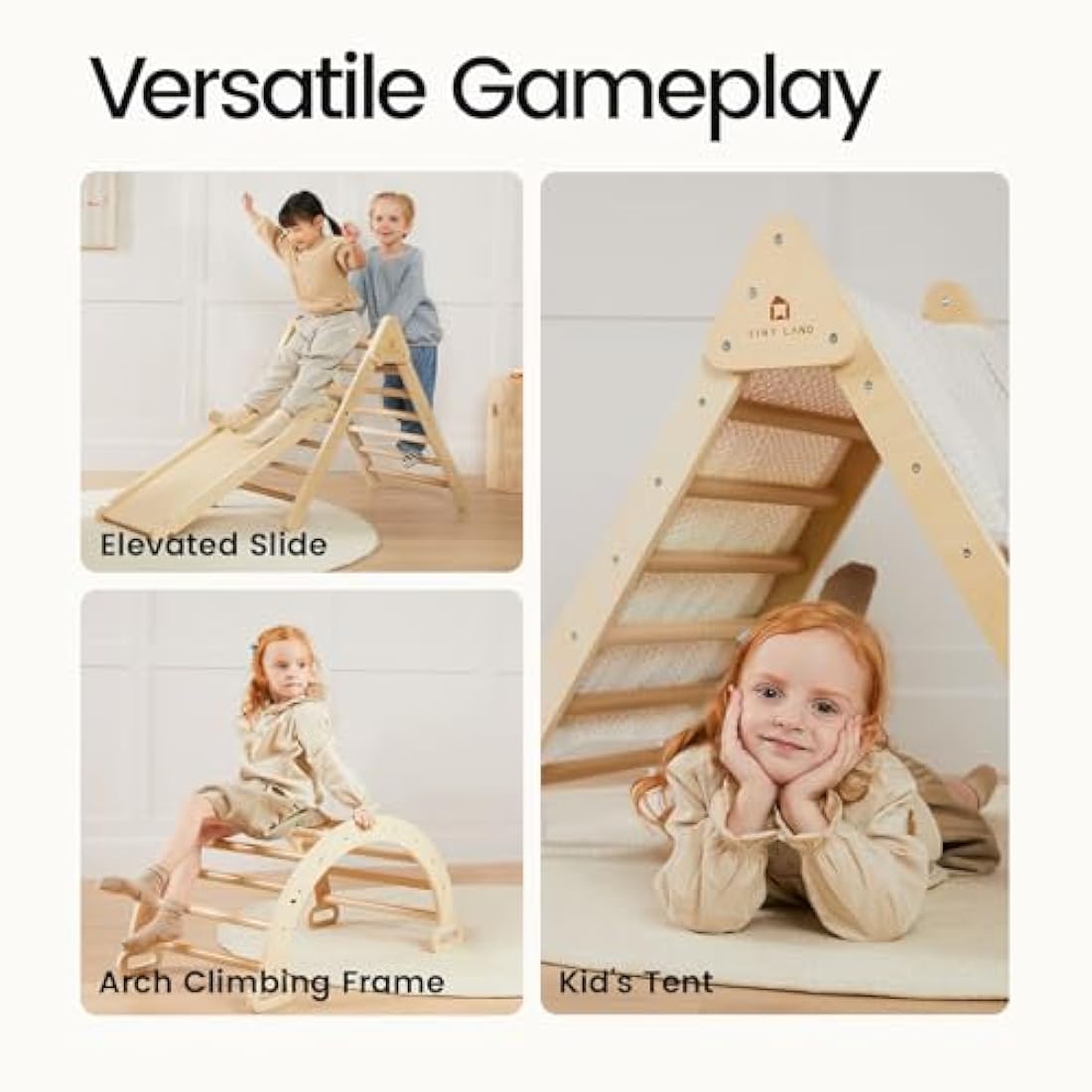 Tiny Land Triangle Climbing Frame for Kids, 3 in 1 Foldable Montessori Toy Wooden Climbing Triangle, Indoor Climbing Frame Set Wooden Climbing Toy with Ramp and Arch Climbing Triangle