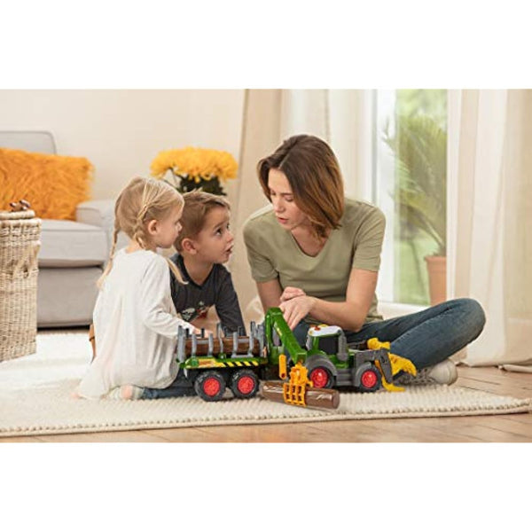 Dickie Toys 204119001 Happy Fendt Forest Toy Excavator with Trailer Mechanical Claw Over Handle Tree Trunks, Light & Sound, Batteries Included 65 cm Long, Green