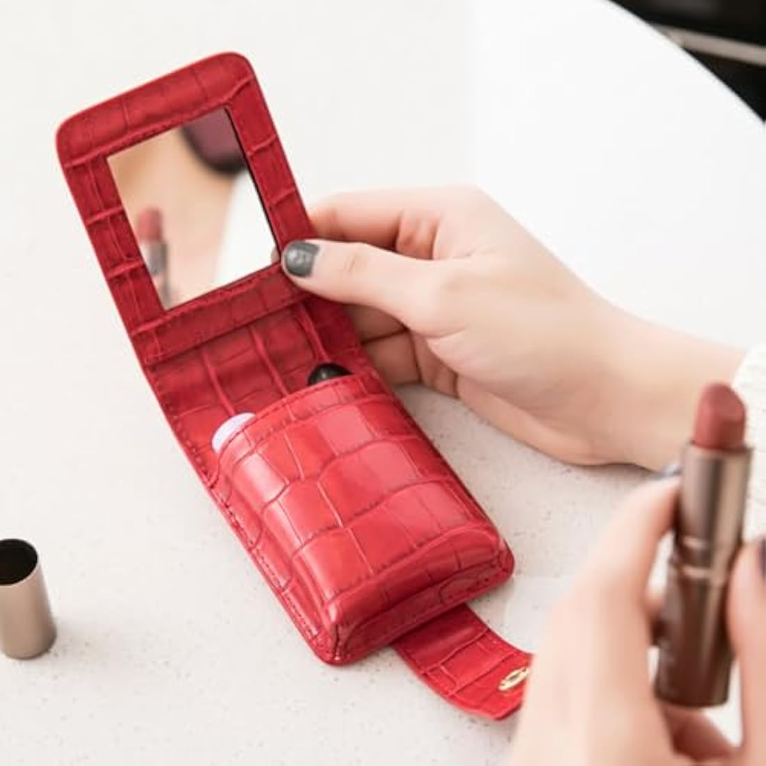 Lipstick Case, Aolaso Soft Leather Lipstick Holder Case with Mirror, Mini Cosmetic Storage for Women (Red)