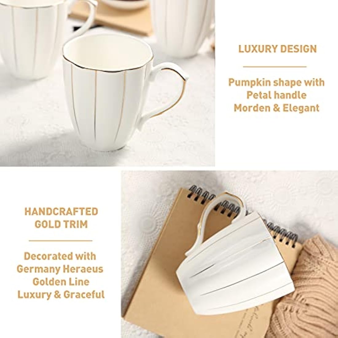 DUJUST Coffee Mug Set of 4(400ml), Luxury British Design with Handcrafted Golden Trims, 1st-Class Bone-China White and Gold Cup Set for Coffee, Tea&Milk, Beautiful&Graceful Top Fine Porcelain Cups