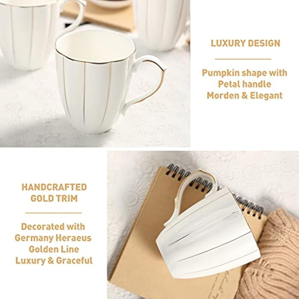 DUJUST Coffee Mug Set of 4(400ml), Luxury British Design with Handcrafted Golden Trims, 1st-Class Bone-China White and Gold Cup Set for Coffee, Tea&Milk, Beautiful&Graceful Top Fine Porcelain Cups