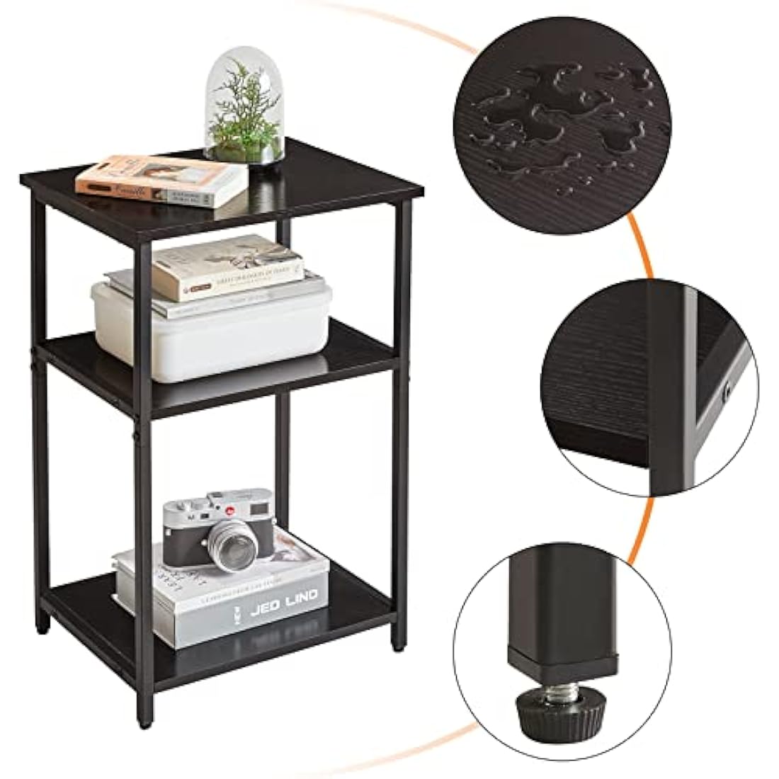 IBUYKE Industrial Side Table,End Table,Nightstand,3-Tier Storage Shelves,Steel Frame,for Hallway,Sofa,Living Room, Bedroom, Black, 39 x 29 x 58.5 cm TMJ402B