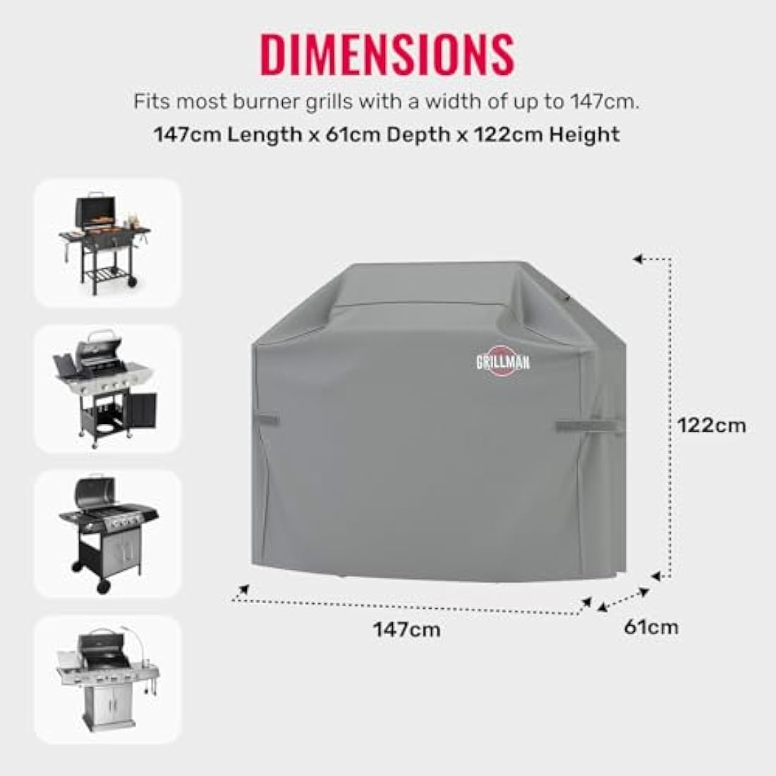 Grillman Heavy Duty BBQ Cover - 147 x 61 x 122 cm Waterproof Barbeque Cover - Rip-Proof, Wind-Resistant Outdoor Gas Grill Covers - BBQ Covers Compatible with Weber, Char Broil, Nexgrill - Grey
