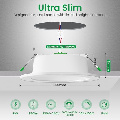 ALUSSO LIGHTING LED Downlights Dimmable Recessed Ceiling Lights 8W 850lm High Brightness, 3000K Warm 4000K Neutral 6500K Cool White Bathroom Spot Lights Ceiling Ultra Slim Spotlights IP44, 6 Pack
