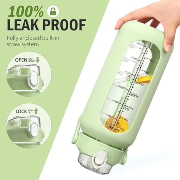 HYDRAGLAZIC 2L Glass Water Bottle with 2 Lids Flip and Chug Lids 2 Liter Large Water Jug with Time Marker and Silicone Sleeve BPA Free Leak-proof for Sports Gym, Light Green