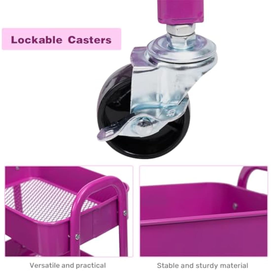 DOEWORKS Storage Trolley Metal 3-Tier Storage Cart on Wheels Rolling Kitchen Trolley Craft Trolleys Beauty Trolleys Utility Shelves for Books Room Bathroom Office, Dark Purple