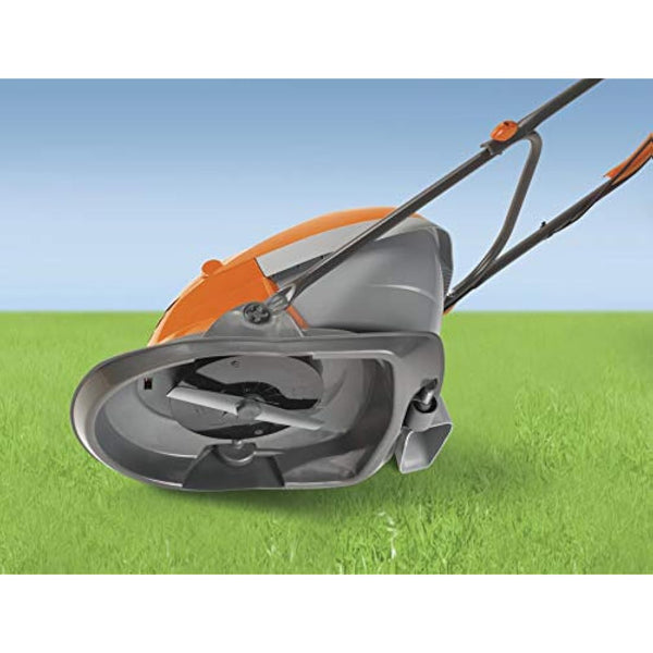 Flymo Hover Vac 250 Electric Hover Collect Lawn Mower - 1400W, 25cm Cutting Width, 15L Grass Box, Ambidextrous Handles, Folds Flat, Orange and Grey