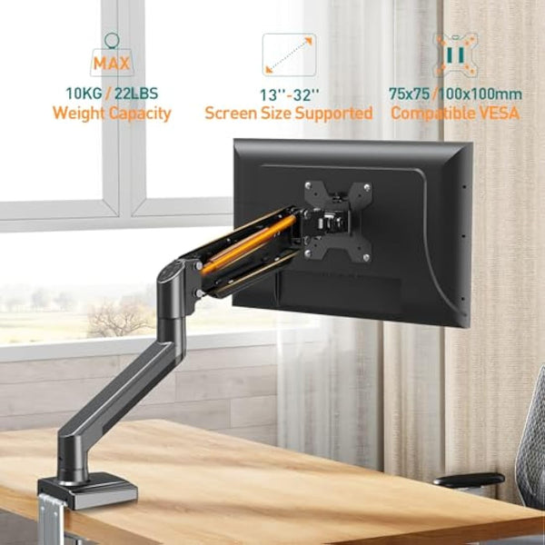 ELIVED Single Monitor Arm for Most 13-32 Inch Monitors with VESA 75x75/100x100mm up to 9KG, 360° Rotation Gas Spring Arm with C-Clamp and Grommet Base, Monitor Stand Mount EV004
