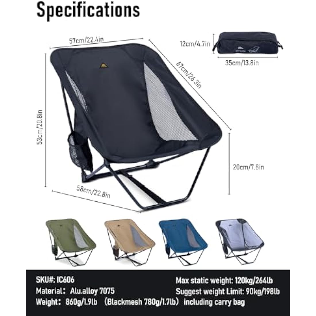 iClimb Low Ultralight Compact Camping Folding Chair with Side Pocket and Carry Bag (Black)