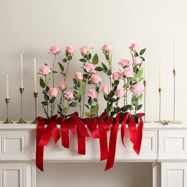 Hawesome 12PCS Artificial Roses Fake Flowers Single Long Stem Blooms With Rose Buds Wedding Decoration Bridal Bouquet Decorative Flower Arrangement Home Decoration Party Centerpieces in Pink