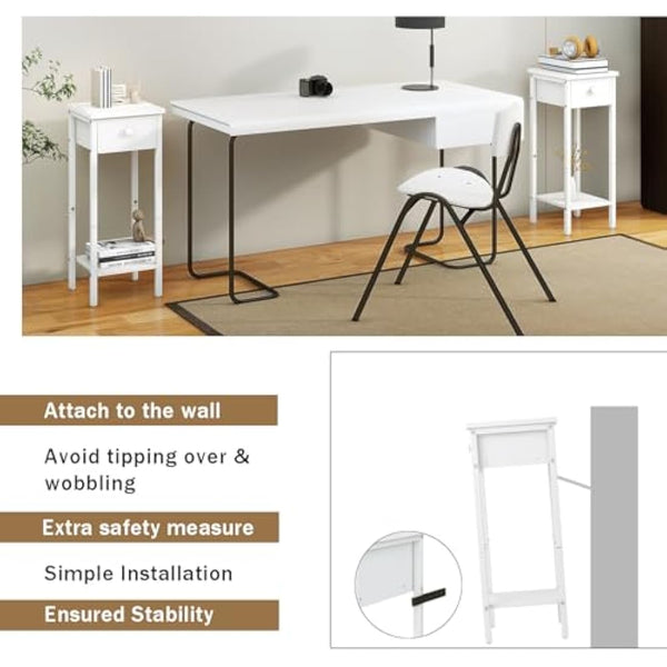 IBUYKE Slim Bedside Table Set of 2, Narrow Nightstand with Drawer, Telephone Table for Small Spaces, 25x25x70cm, Small Side End Table for Bedroom Living Room Hallway, White TMJ417W-2