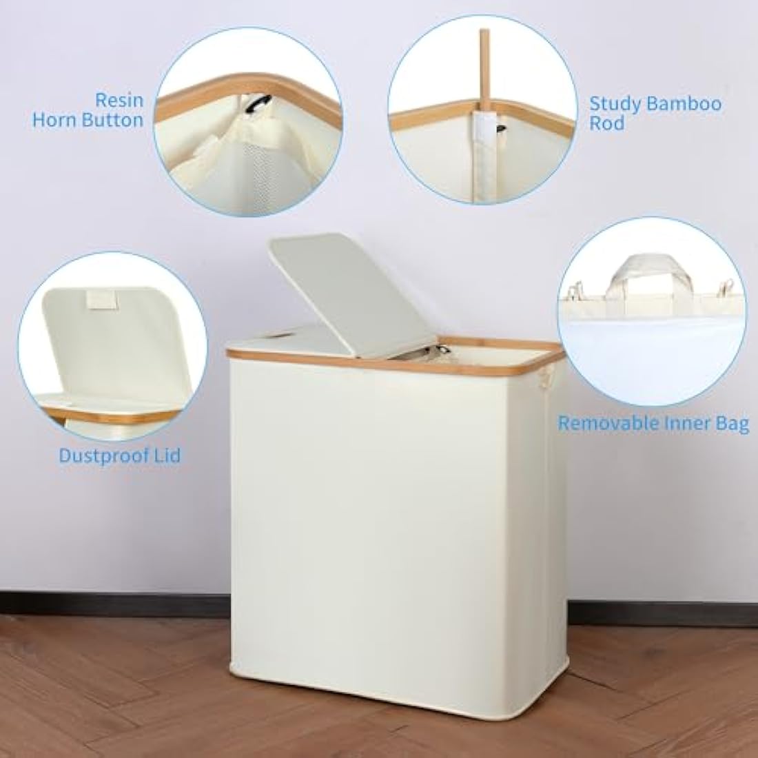 efluky 140L Laundry Baskets with Lid 2 Compartments, Large Laundry Hamper, Double Laundry Basket Storage with 2 Removable Bags, Beige