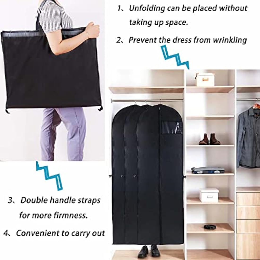 Niviy Long Dress Bags Covers, Dust-proof Clothes Covers Moth Proof Garment Bags Anti-Moth Protector Folding Long Coat Covers with Pocket and Handle,Pack of 1, 60 * 180cm (Black)