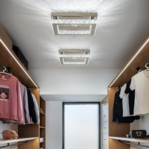 Finktonglan Modern LED Crystal Ceiling Light Rectangular Ceiling Lamp K9 Stainless Steel Flush Mount Chandelier Ceiling Lights Fixture for Dining Room Living Room Bedroom (Dimmable)