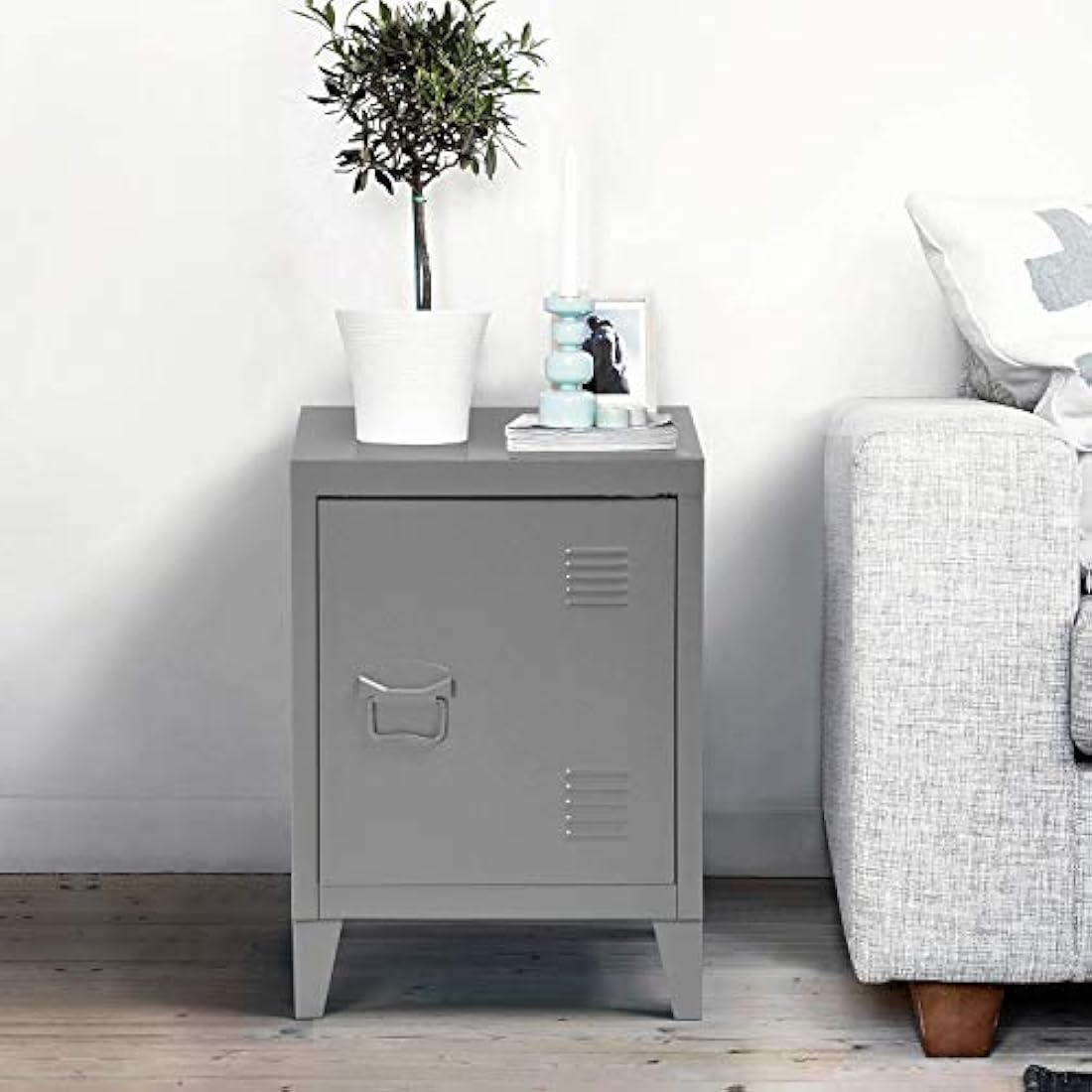 Homybec Small Metal Cabinet 1-Door, Free Standing 2 Tier Shelves Bedside Nightstand Cupboard, Side Storage Organizer for Home Office Study Bedroom Living Room, Grey, 57.5 x 40.5 x 30.5 cm