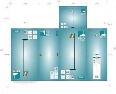 EGLO Floor lamp Narices, minimalist standing light made of brushed brass metal, golden and black living room lighting with foot switch, E27 socket