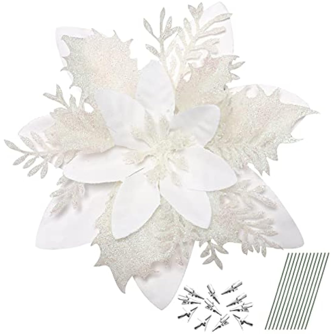 12Pcs Poinsettia Artificial Flowers, Christmas Glitter White Flowers Ornaments for Christmas Tree, with Stems and Clips, Xmas Floral Party Decor Wreath, Garland Craft Supplies, White