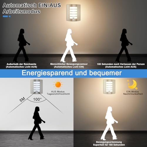 Allesgute Outdoor Wall Lights with PIR Motion Sensor, Curved Outside Light Mains Powered Stainless Steel IP44 Waterproof Wall Lamp Incl. 12W E27 LED Bulbs Warm White for Front Door Porch Stairway