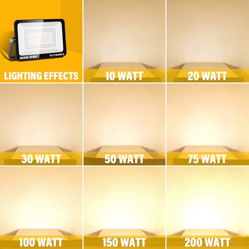RIGIDON 1 Pcs Outdoor Flood LED Work Light, 200W 20000 Lumens Floodlight, Daylight Warm White Security Lights for Garden Yard Lawn Basketball Football Court Patio Landscape, IP66 Waterproof 3000K