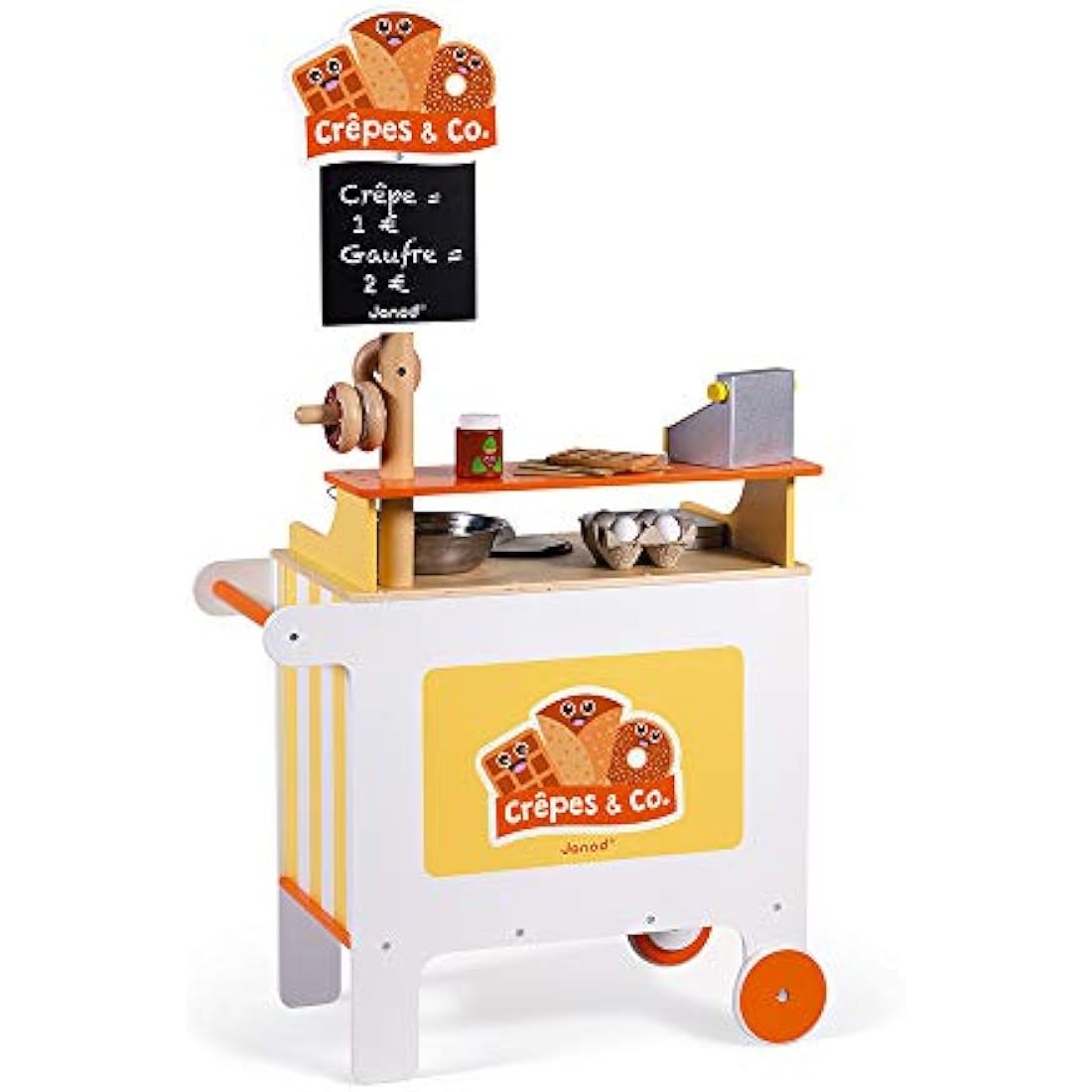 Janod - Crepes & Co Mobile Wooden Stand - Kitchen and Shopping Imitation Toys - 40 Accessories Included - from 3 Years Old, J06587