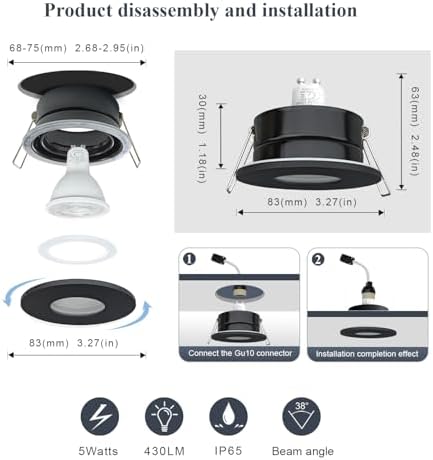 Sweier Waterproof Downlight Black,IP65 Recessed Ceiling Light Warm White 3000K,5W GU10 Downlights for Bathroom Ceiling,430Lumen LED Bathroom Spotlight,Cutout 68mm/2.68in,4 Pack